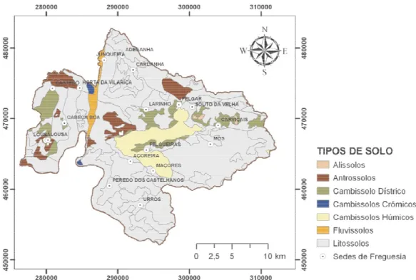 Figura 2. Mapa de solos do concelho de Torre de Moncorvo. Dados originais em http://scrif.igeo.pt