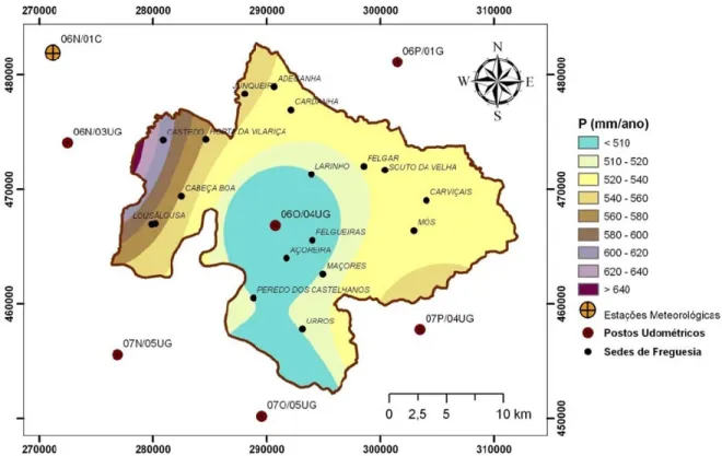 Figura 4. Distribuição da precipitação anual no concelho de Torre de Moncorvo. Período considerado: 1985-1995