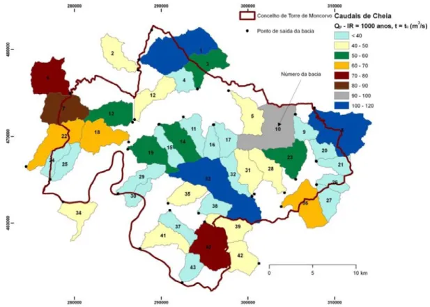 Figura 6. Caudais de cheia calculados pelo método racional (CIA) para um período de retorno IR = 1000 anos e um tempo  de chuvada (t) igual ao tempo de concentração das bacias (t c )