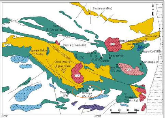 Figura 1.2: Localização da mina de cobre de Sossego  Fonte: CVRD Up Data, 2003. PA 275Águas Claras(Au)ManganêsAlemão(Cu,Au)Ig.Bahia(Au,Cu)NúcleoUrbano Parauapebas CurionópolisSalobo(Cu,Au)