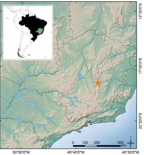 Figura 2. Localização da área de estudo (estrela) na Serra do Cipó (19°12’ a 19°20’S, 43°30’  a 43°40’W), estado de Minas Gerais, Brasil