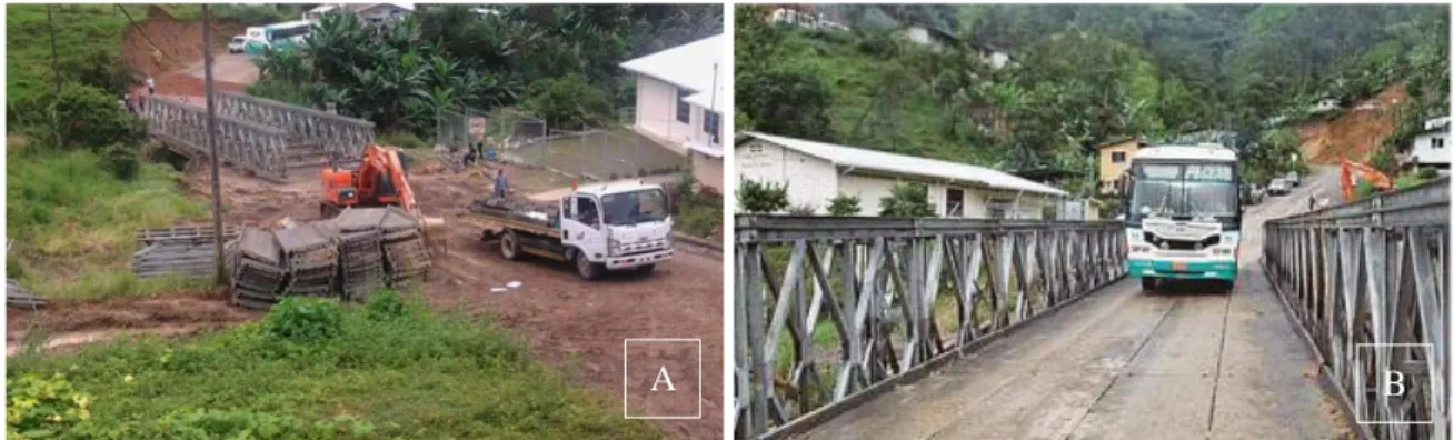 Figura 2.32 Montagem da ponte Bailey (A) (El Telegrafo, 2016) e posteriormente a passagem de um veículo  sobre a ponte (B) (PP El Verdadero, 2016)  
