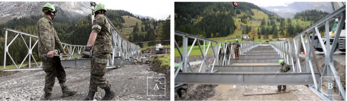 Figura 2.38 Montagem da ponte LSB (A) (Mabey, 2016g) (B) (Swiss Armed Forces, 2012) 