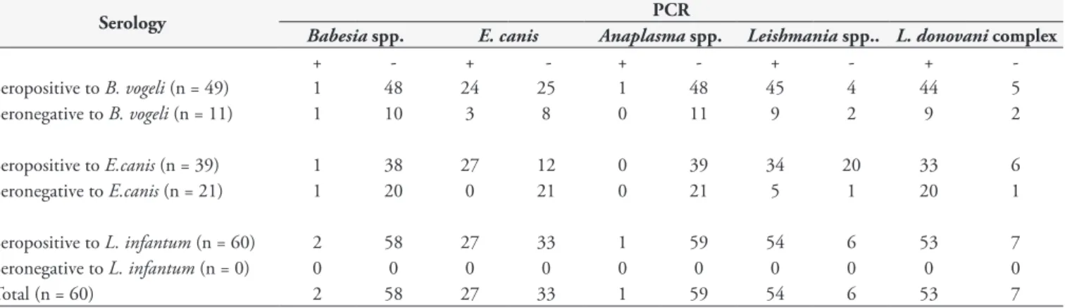 Table 2. Results of serology for E. canis, B. vogeli and L. infantum and PCR for Anaplasma spp, Babesia spp, E