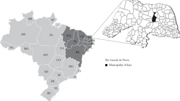 Figure 1. Northeastern region of Brazil, state of Rio Grande do Norte and municipality of Lajes, where the samples were collected.
