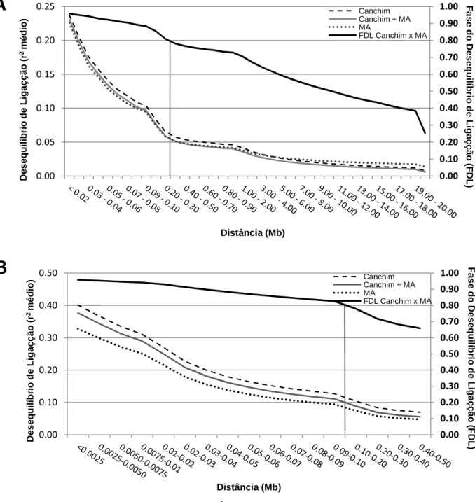 Figura 2. Desequilíbrio de ligação médio (r 2  médio; eixo à esquerda) e fase do  desequilíbrio de ligação (FDL; eixo à direita) em função da distância em  megabase (Mb) entre os pares de SNP em animais Canchim, MA e  Canchim+MA para o painel de 50k (A) e 