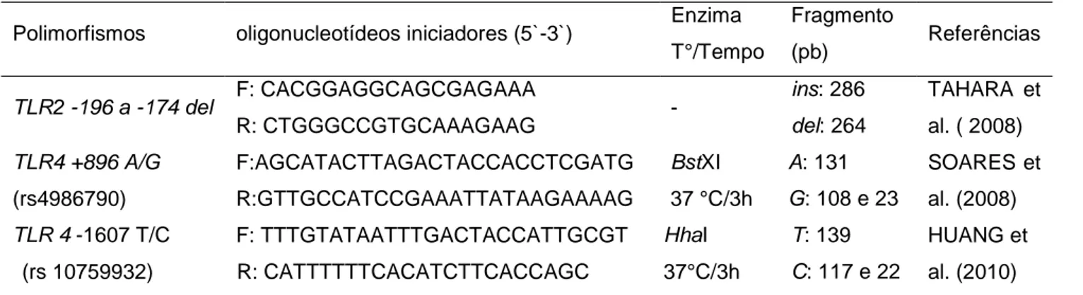 Tabela 2. Sequências dos oligonucleotídeos iniciadores, tamanho dos  fragmentos gerados e enzimas utilizadas