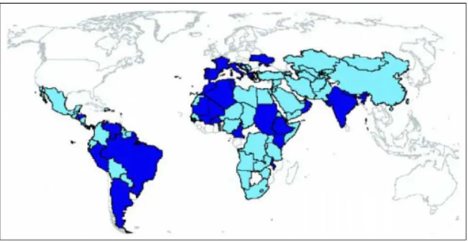 Figura 1.1. Países com leishmaniose endémica e com co-infecção Leishmania/VIH. 