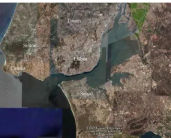 Figura 2.1. Distribuição geográfica das áreas em estudo nos Distritos de Lisboa e Setúbal  (imagem de satélite captada com o “software” Google Hearth )