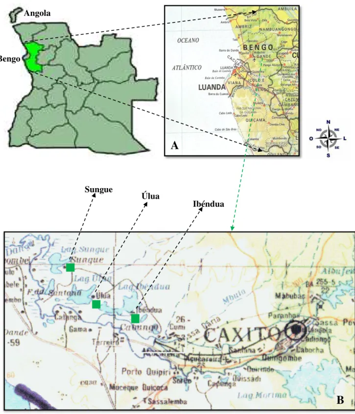Figura  10.  A  –   Mapa  de  Angola  com  a  província  do  Bengo  em  destaque  e  B  –   Aldeias  onde  decorreu  o  estudo  assinaladas  a  verde
