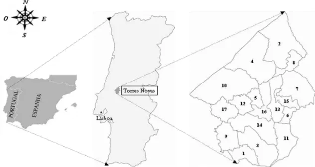 Figura 12 - Mapa de Portugal com a localização da área de estudo: Concelho de Torres Novas (39⁰24´-  39⁰ 40’N, 8 ⁰27´- 8⁰40´O)