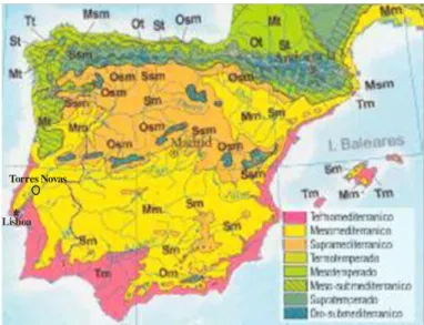 Figura 13 - Termotipos na Península Ibérica. A localização do Concelho de Torres Novas encontra-se  assinalada no mapa de Portugal (adaptado de Rivas-Martínez et al., 2001).