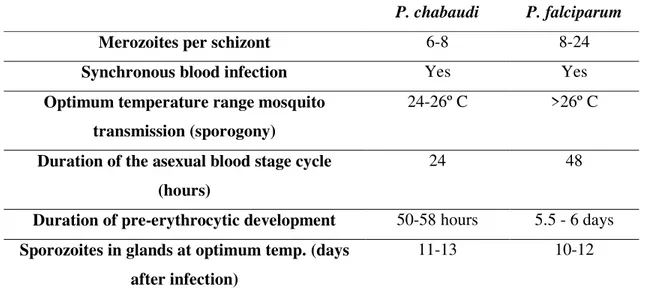 Table 4 Some biological  similarities and  differences between P.  chabaudi and the human malaria  parasite, P