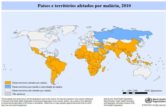 Figura  I-1:  Países  e  territórios  afetados  pela  malária  em  2010.  (Adaptada  de  WHO, 2011)