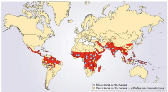 Figura I-3: Distribuição global da malária, com as áreas onde P. falciparum  é  resistente  aos  antimaláricos:  cloroquina  e  sulfadoxina-pirimetamina 