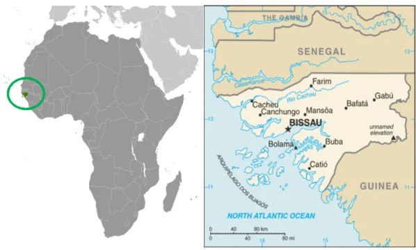 Figura 2.1 – Localização geográfica da República da Guiné-Bissau no continente africano e mapa do país  (adaptado de CIA, 2012)