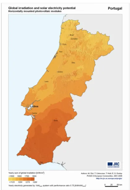 Figura  5:  Radiação  solar  anual  em  Portugal  2001-2008  (Fonte: Roriz, Rosendo, Lourenço e Calhau, 2010, p.14)
