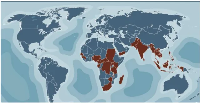 Figura 8.  –  Representação da distribuição geográfica do vírus chikungunya. Países com  actividade endémica do vírus a vermelho