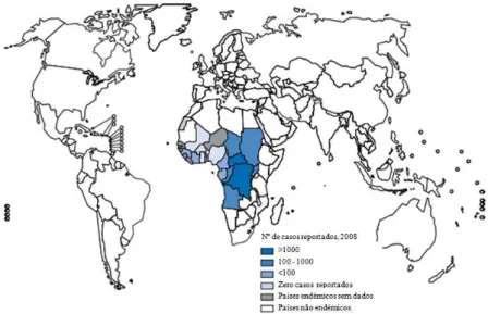 Figura 1.6. Distribuição geográfica da Tripanossomose Humana Africana por Trypanosoma brucei  gambiense no ano 2008