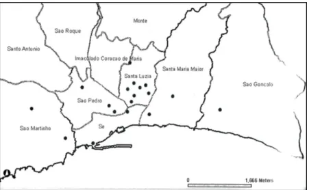 Figura 7: Freguesias da cidade do Funchal onde foram capturados exemplares de Aedes aegypti, durante  os  primeiros  inquéritos  entomológicos,  direcionados  para  esta  espécie  (Adaptado  de  Margarita  et  al