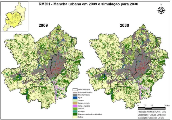 FIGURA 5  – Mancha urbana da RMBH em 2009 e simulação para 2030 a  partir do Cenário Rígido do LCM 