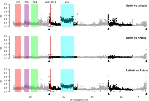 Figure 3.  Manhattan plots of mean pairwise F ST  between Anopheles gambiae samples of Guinea Bissau