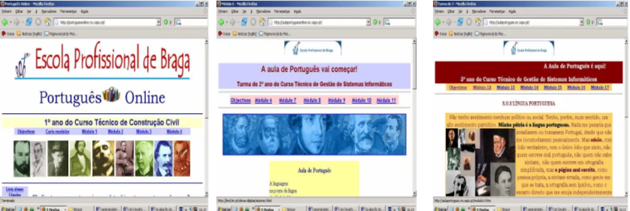 Figura 1 – Página inicial da Aula de Português do 1º, 2º e 3º anos da Escola Profissional de Braga 