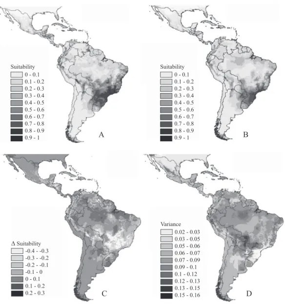 Fig. 5. Projecting geographics ranges into the future and the shifts in Climatically Suitable Areas (CSA) of Utheteisa ornatrix