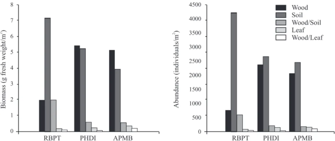 Fig. 1. Termite biomass and abundance per feeding group in three remnant areas of Atlantic Forest in northeastern Brazil