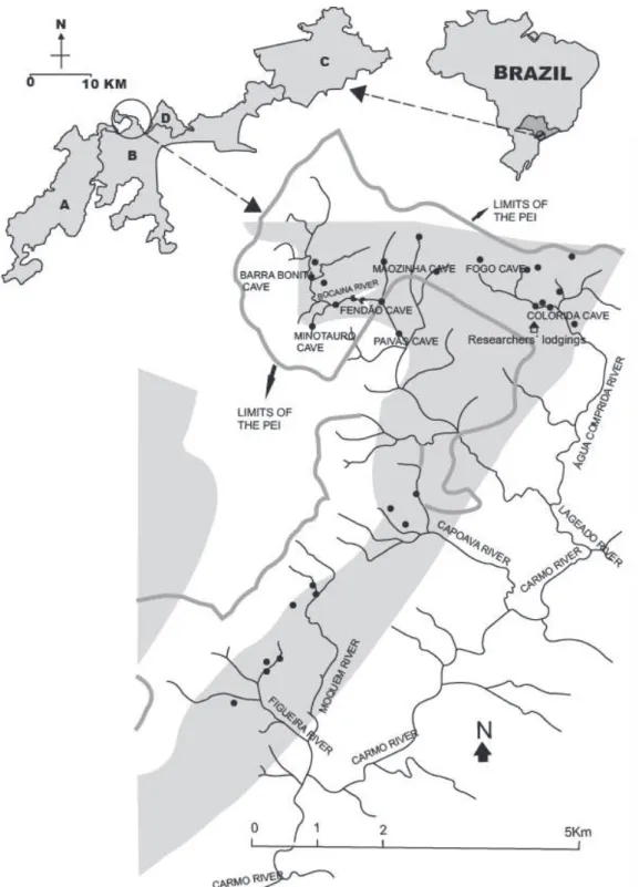 Fig. 1. Area of the Ecological Continuum (A-D). A, Parque Estadual Turístico do Alto Ribeira (PETAR)