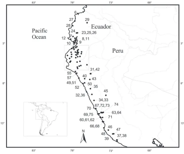 FIGURE 1: Known collection localities of Aegialomys xanthaeolus in South America. The area delimited by a square is detailed in Figure 2
