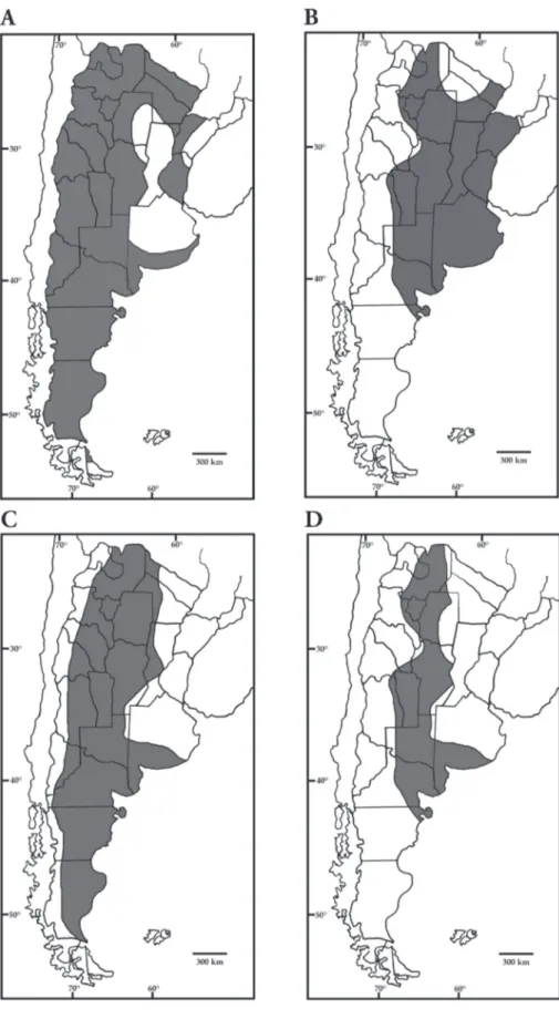 FIGURA 5: A, Mapa indicando la distribución geográfica aproximada de Liolaemus spp.; B, Mapa indicando la distribución geográfica  aproximada de Anops kingii; C, Mapa indicando la distribución geográfica aproximada de Homonota spp.; D, Mapa indicando la zo