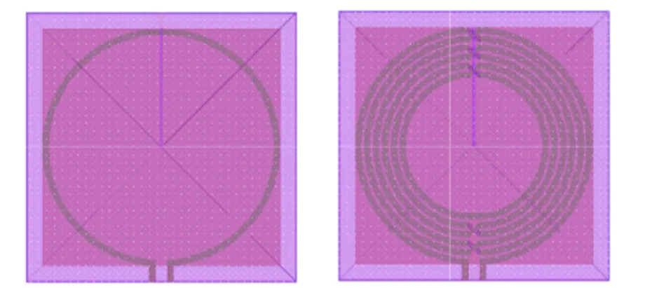 Figure 3.6: Layout of UMC130nm inductors for our edge cases, to the left a 371pH inductor and to the right a 5.842nH inductor.