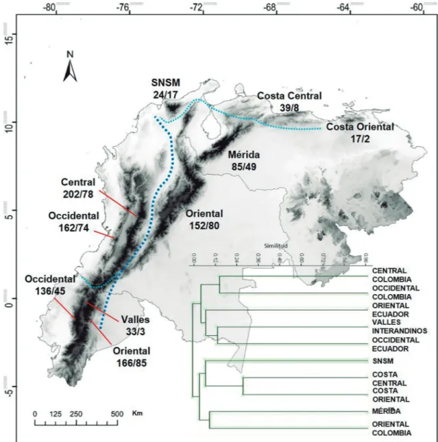 FIGURA 4: Mapa del norte de los Andes. Valores bajo el nombre de la unidad fisiográfica: riqueza/número de especies endémicas