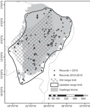 FIGURE  1: Updated distributional range of Anopetia gounellei  overlaid with the older range limit, the Caatinga biome (by  Minis-tério do Meio Ambiente, Brazil) and the presence records