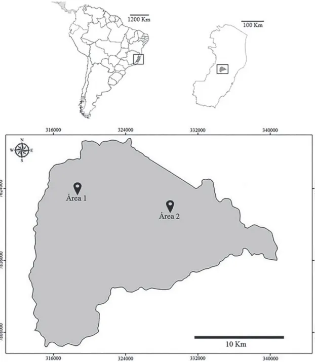 FIGURA 1: Localização das áreas de estudo no município de São Roque do Canaã, região central do estado do Espírito Santo, Sudeste do Brasil.