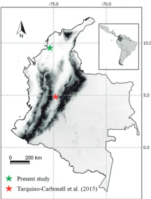 FIGURE 1: Study sites of host-ectoparasite relationship between  Streblidae and bats in Colombia