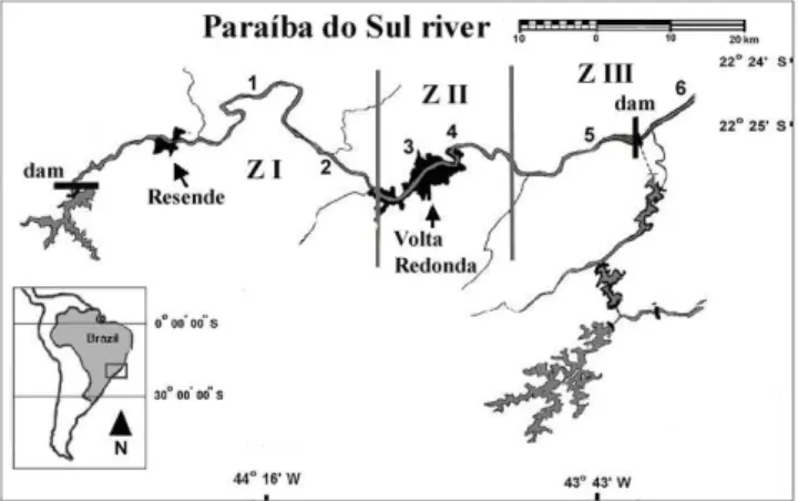 Fig. 1. Study area, rio Paraíba do Sul reaches. Indication of the six sampling sites and three zones - Z I (sites 1 and 2); Z II (sites: 3 and 4); and Z III (sites 5 and 6)