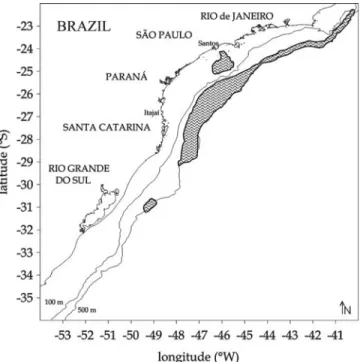 Fig. 1. Study area showing the location of Merluccius hubbsi samples collected during 1996-2001.