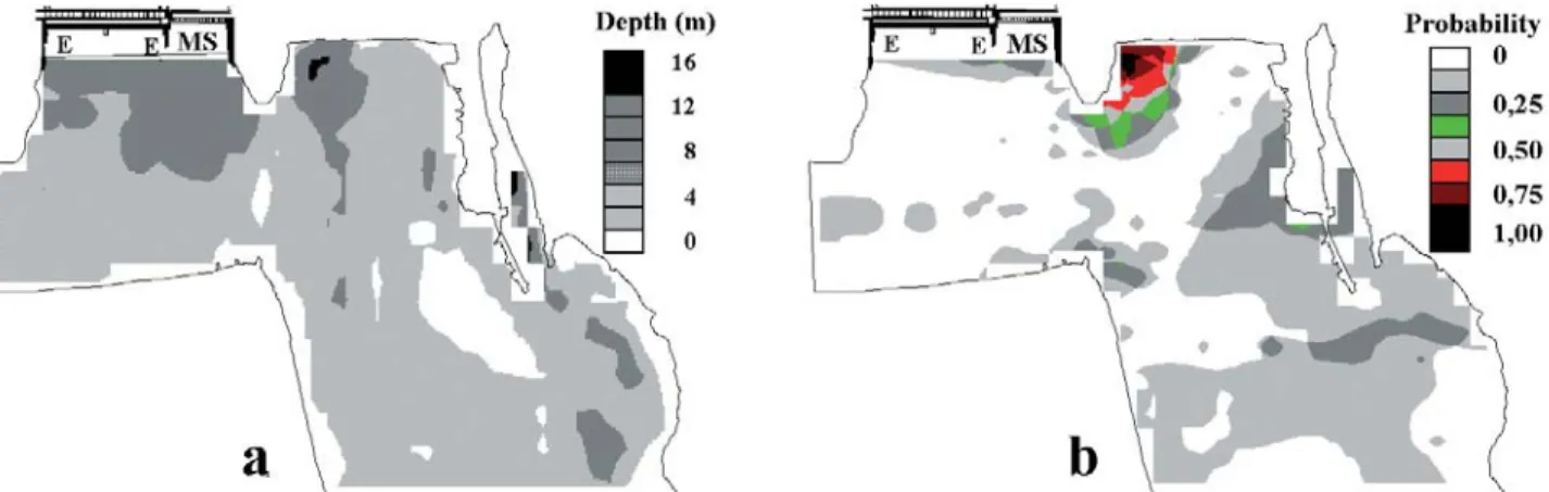 Fig. 6. a) Depth (m) distribution in the tailwater of Yacyreta Dam. b) Areas of maximum density (&gt; 0.2 fish/m2) with spillway closed