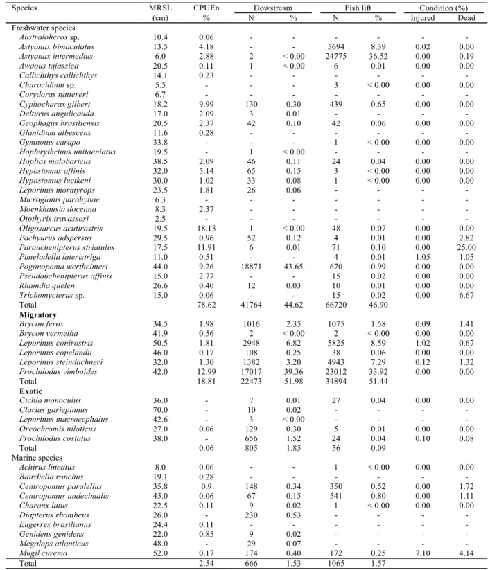 Table 1. Maximum recorded standard length (MRSL) of recorded Mucuri River species and abundance in the lower course (CPUEn%), in the tailrace and in the fish lift, and condition of the fish after they were transported by the trap and truck system.