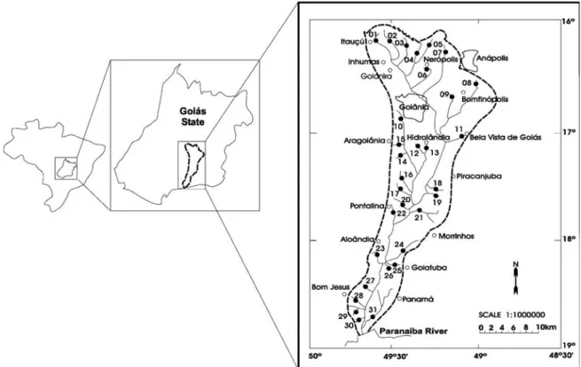 Fig. 1. Location of the sampling stations (black circles) in the Meia Ponte River basin in the State of Goiás, Brazil, and the cities in the region (open circles)