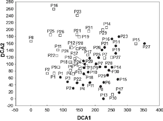 Fig. 3. Ordination of the sampling stations resulting from detrended correspondence analysis (DCA) applied to abundance data matrix