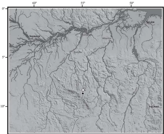Fig. 5. Rio Xingu basin and adjoining areas, showing the collecting sites (black dots) and type-locality (open dot) of Bryconadenos weitzmani.