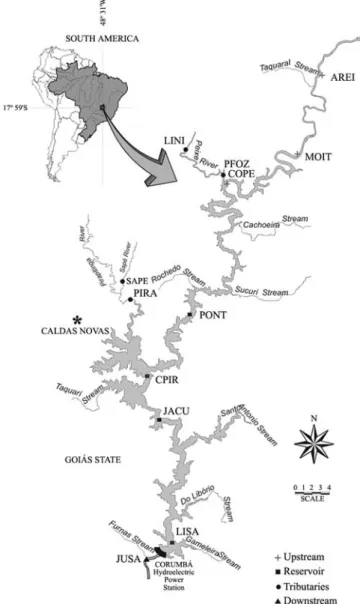 Fig. 1. Location of the sampling sites in the area of Corumbá Reservoir.