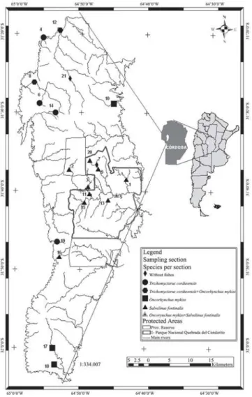 Fig. 1. Sampling sites and surveyed rivers in the Reserva Provincial Pampa de Achala and Quebrada del Condorito National Park.