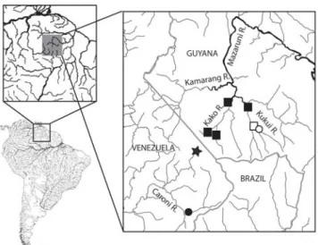 Fig. 2. Distribution of Neblinichthys species in the Caroní and Mazaruni basins of Venezuela and Guyana, respectively