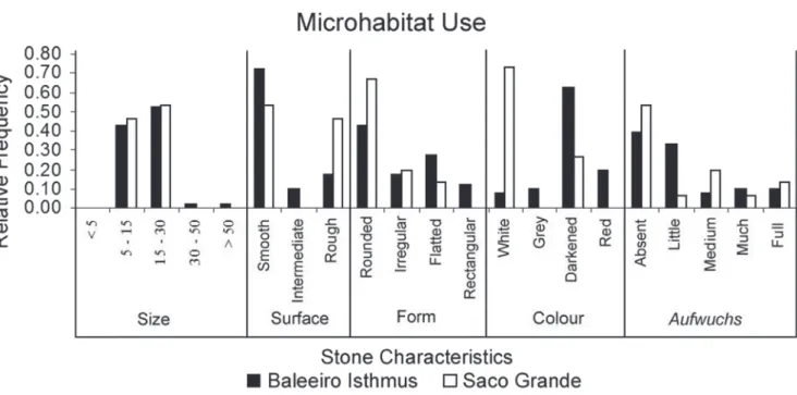 Fig. 2. Microhabitat use by Gobiesox barbatulus in the Baleeiro Isthmus (n = 51) vs. Saco Grande (n = 13)