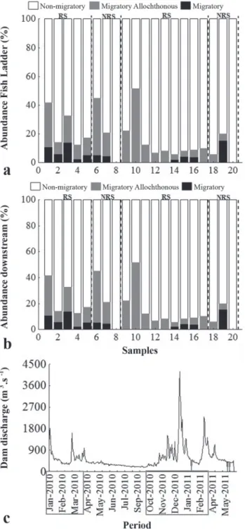 Fig. 3. Temporal variation of fish groups abundance inside the fish ladder (a) and downstream (b; CPUEn) of Baguari Dam, and total dam discharge (c) during the reproductive (RS / gray rectangle) and non-reproductive (NRS) season.