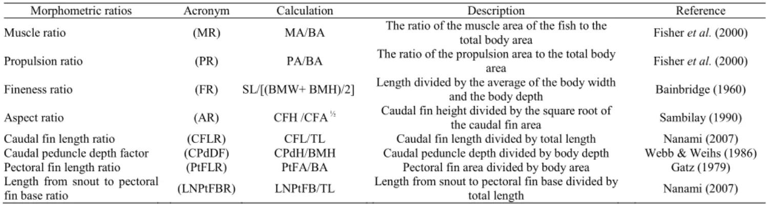 Table 3. Eigenvalues of the Principal Components Analysis (PCA) for morphometric ratios values (PC1 = Axis 1, PC2 = Axis 2), and mean values of morphometric ratios for Leporinus elongatus (LE) and Prochilodus lineatus (PL)